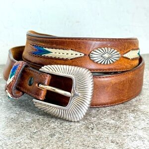 Vintage Tony Lama The Duke Applique Conches Brown Western Silver Belt Men’s 42